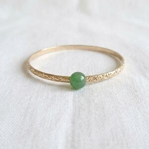 Gold Floral Engraved Bangle with Green Jade Bead